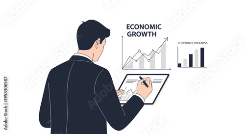 A businessman in a dark suit uses a stylus on a tablet while standing in front of graphs depicting economic growth and corporate progress on a white background.