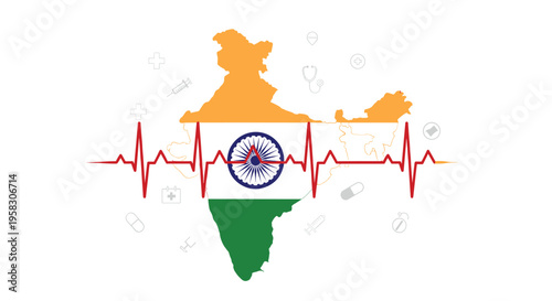 A flag-colored map of India is bisected by a red heartbeat line and a central blue Ashoka Chakra, surrounded by faint medical icons.