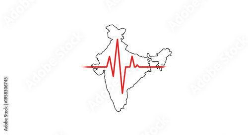 A minimalist black outline map of India is centrally positioned with a prominent red heartbeat line traversing its width on a white background.