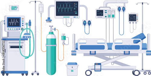 Hospital intensive care unit equipment vector set with ventilator, patient monitor, oxygen tank, IV drip and medical bed, healthcare illustration collection