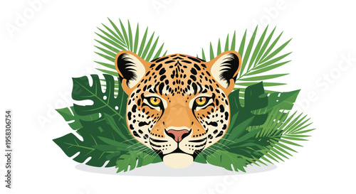 A detailed leopard head with yellow eyes and black spots is centered, framed by lush green tropical leaves against a white background.