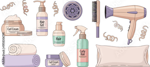 Hair styling tools and curly hair care products vector set with dryer, brush, curl cream, gel and salon accessories illustration collection