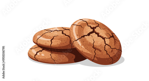 Three oval-shaped crinkle cookies with prominent surface cracks are stacked on a white background, casting a subtle shadow.