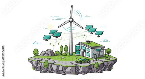 A floating isometric island showcases a green energy ecosystem with a wind turbine, solar panels, a house, and an electric car.