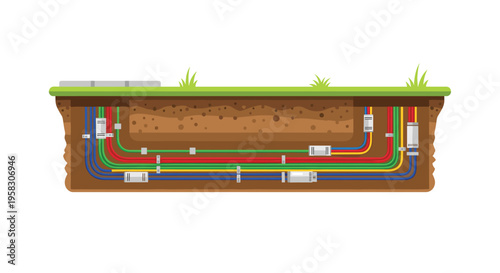 A cross-section view illustrates multi-colored cables buried neatly underground beneath a layer of green grass and brown soil.