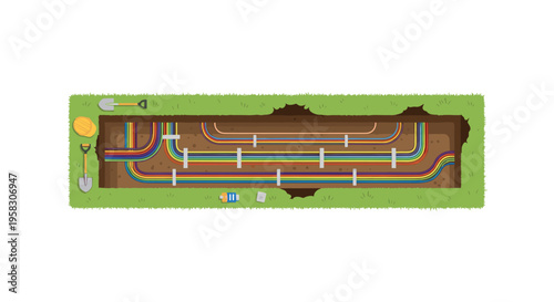 A top-down view shows multi-colored cables laid horizontally in an open trench with green grass borders and tools nearby.