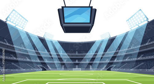 The interior of an empty sports stadium is shown from a low angle, with spotlights illuminating the green field and dark blue seating.