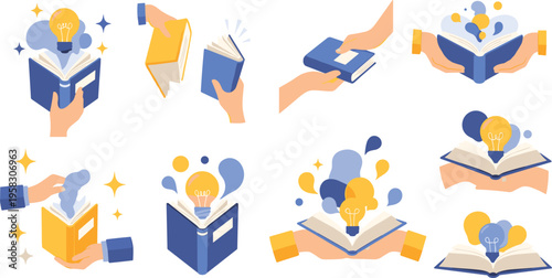 Knowledge and learning concept vector set with books, ideas, light bulbs and education symbols, creative thinking illustration collection