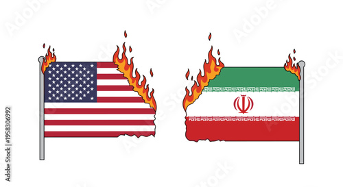 An American flag and an Iranian flag are depicted burning while attached to grey flagpoles against a white background.