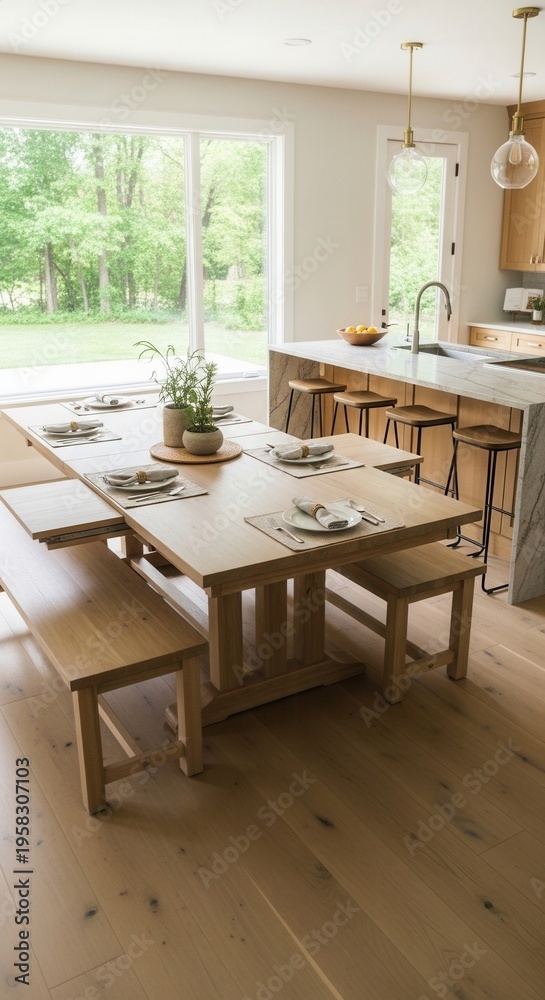 Fototapeta premium Elegant Modern Dining Area With Natural Light And Scenic Views