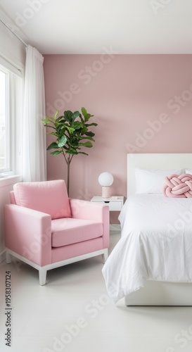 Elegant Modern Bedroom With Pink Armchair And White Bed