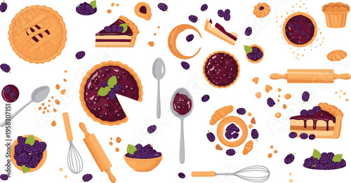 Berry pie and dessert vector set with blueberry pastries, cakes, tarts and baking tools, sweet food collection isolated on white background illustration