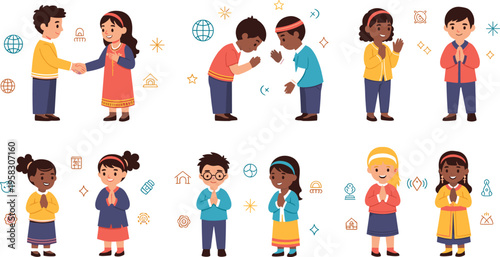 Multicultural greeting gestures vector set with people shaking hands, bowing, namaste and clapping, global communication and etiquette illustration collection