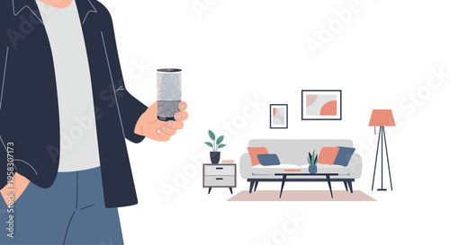 A man holds a smart speaker in his hand within a modern living room setting.