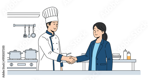 A male chef shakes hands with a businesswoman in a professional kitchen.