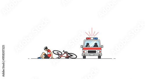 A male cyclist sits on the ground next to a fallen bicycle with a police car nearby.