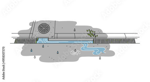 A side-view illustration shows raindrops and blue water flowing into a slotted storm drain system on a grey street.