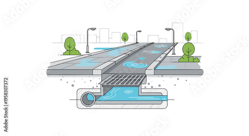 An isometric illustration shows rainwater flowing into a grated storm drain system on a city street with streetlights and trees.