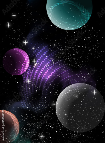 A creative vector depiction of deep space, featuring stylized planets and celestial bodies