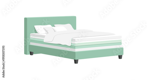 An illustrated bed with a mint green headboard and frame features a layered mattress with white bedding and two pillows.