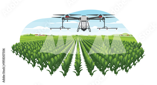 A white agricultural drone with multiple propellers flies over a vast green field of crops, spraying a wide area under a blue sky.