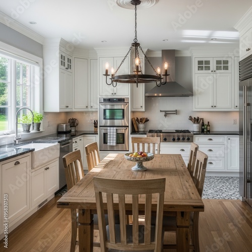 Elegant Modern Farmhouse Kitchen with Wooden Dining Table and Inviting Ambiance