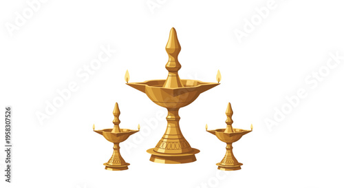 Three golden ornate oil lamps with lit wicks are arranged symmetrically on a plain white background.