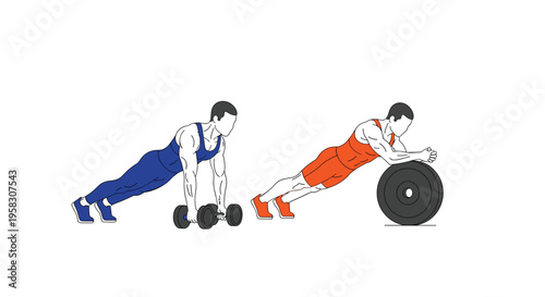Two male figures demonstrate a plank row with dumbbells and an elbow plank on a weight plate.