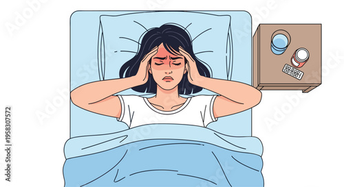 A woman in a white t-shirt lies in bed with her hands on her head, experiencing a severe headache, next to a nightstand with medication.