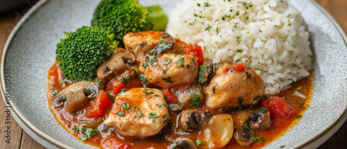 This appetising dish featuring chicken, mushrooms and broccoli on a plate would make an excellent main feature for a restaurant menu or food blog.