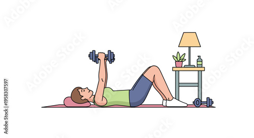 A woman in a green top and blue shorts lies on a pink yoga mat, performing a dumbbell chest press.