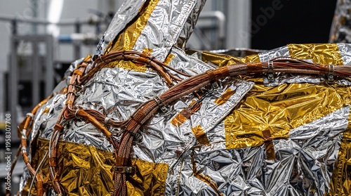 Macro texture shot of spacecraft multi-layer insulation showing silver and gold reflective foils with intricately woven copper wiring looms.