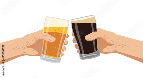 Two hands are clinking glasses of light and dark beer together in a toast.