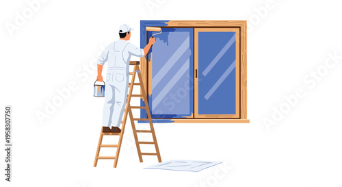 A person is painting the blue frame of a large sliding window while standing on a wooden ladder.