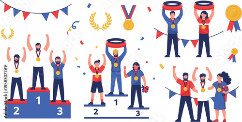 Sports winners podium and medal ceremony vector set with champions, awards, trophies and celebration, competition victory illustration collection