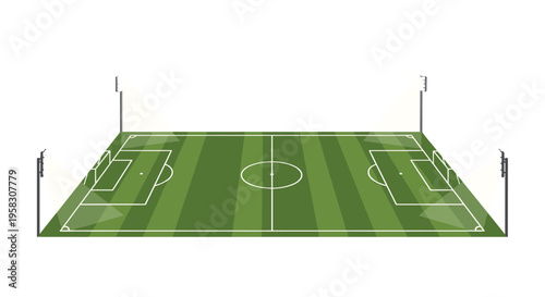 A perspective view shows a green soccer field with white markings and four illuminating light poles.