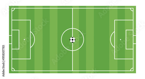 An aerial view depicts a vibrant green soccer field with white markings and a ball at the center.