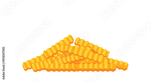 A golden-yellow pile of crinkle-cut french fries with distinct ridged textures is horizontally arranged on a white background.