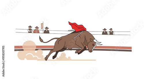 A stylized bull with a red cape and banderillas charges in a bullring arena with spectators in the background.
