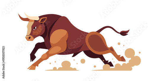 A powerful brown bull with prominent horns charges forward, kicking up dust on a clean white background.