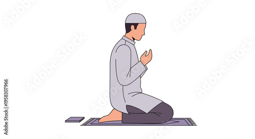 A Muslim man in a grey thobe and white kufi kneels on a purple prayer mat with hands raised in supplication.