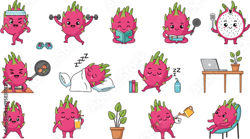 Cute dragon fruit character vector set with daily activities, kawaii pitaya cartoon collection for lifestyle scenes isolated on white background illustration