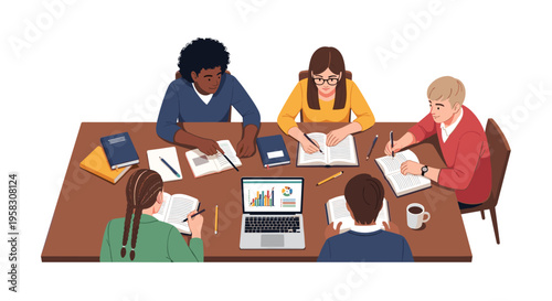 Five diverse students are studying at a round wooden table with books, notebooks, and a laptop.