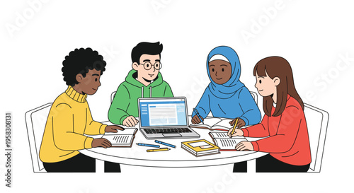 Four diverse students are studying around a white round table with a laptop, books, and pens.