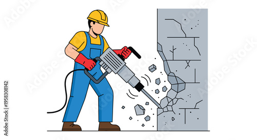 A construction worker in blue overalls and a hard hat uses a silver jackhammer to break a grey concrete wall.