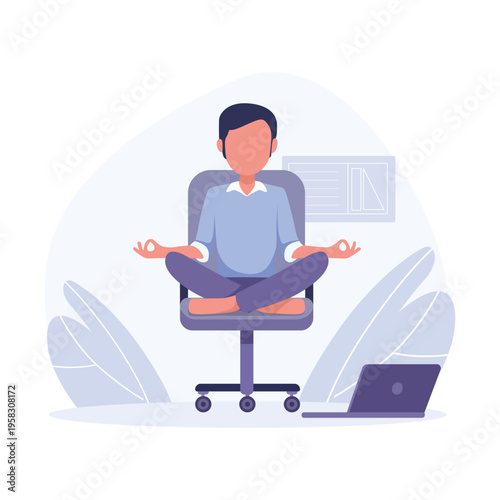 Man meditating in office chair with laptop nearby suggesting work life balance and stress relief