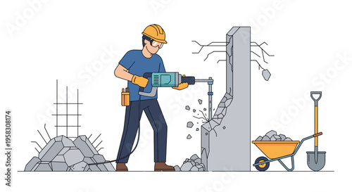A construction worker in a hard hat uses a jackhammer to demolish a concrete wall with rubble and a wheelbarrow nearby.