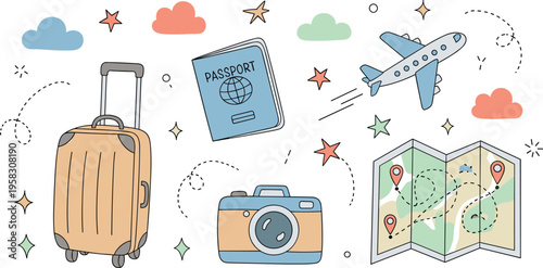 Travel and vacation vector illustration set with suitcase, passport, airplane, camera and map, tourism journey concept, adventure trip design collection