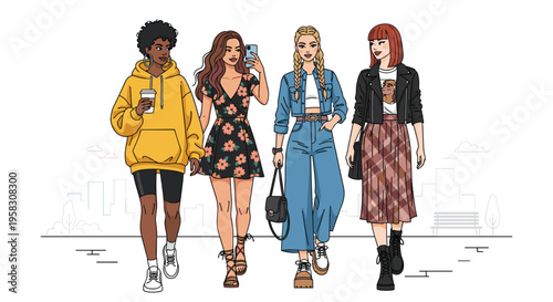 Four diverse young women walk together on a stylized street with a city skyline in the background.