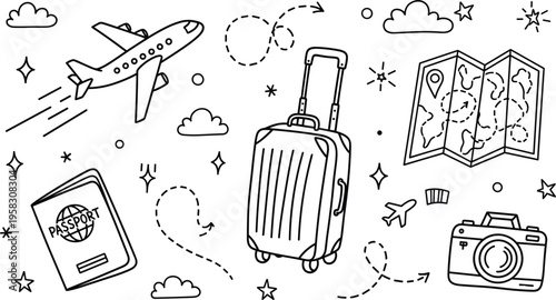 Travel doodle vector illustration with airplane, suitcase, passport, camera and map, hand drawn line art tourism elements collection